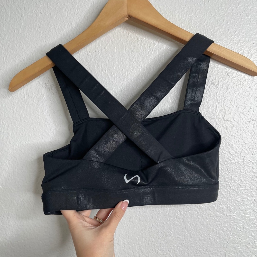 TLF Apparel Womens Black Metallic Foil Cross Back Sports Bra Size Small Gym Wear - Picture 4 of 4
